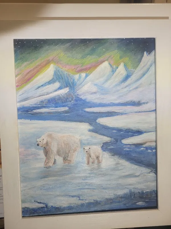Adult polar bear and cub on snow beside blue Arctic water, with snowy mountains and green and pink northern lights.